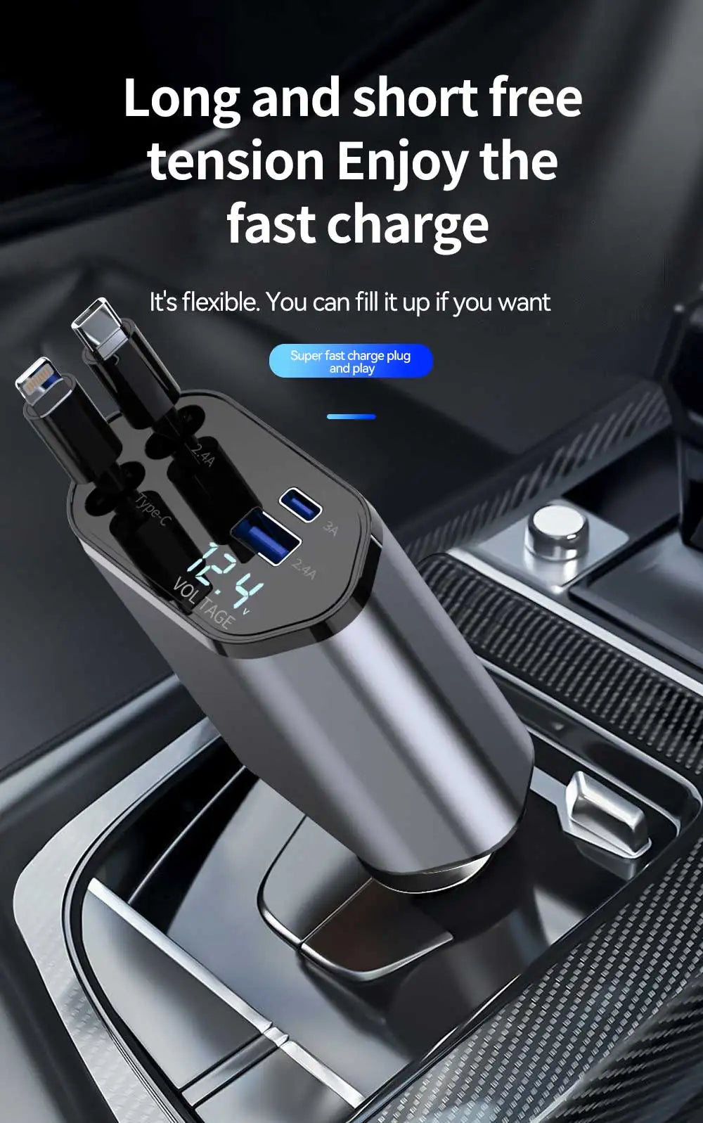 Cargador de Auto 4 en 1 120W Retráctil | USB Tipo C | iPhone Xiaomi Samsung 🔌