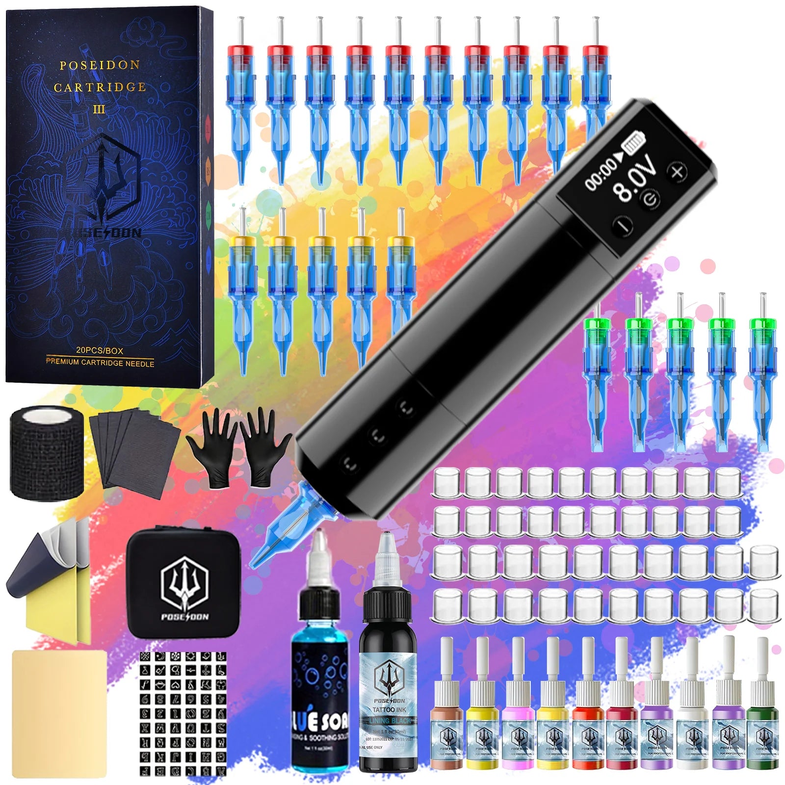 Tattoo Kit POSEIDON New Memory Tattoo Pen Kit For Permanent Makeup Tattoo Machine Wireless Tattoo Power Supply Tattoo Gun Kit