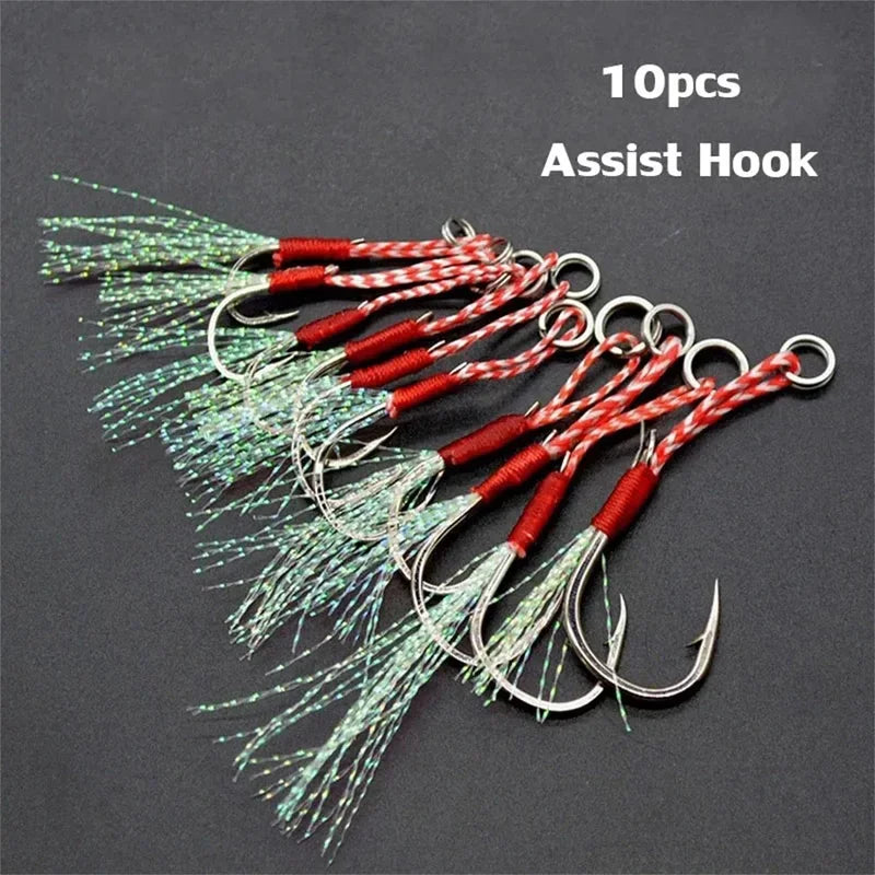 10-40Pcs Slow Jigging Fishing Cast Jigs Assist Hook Barbed Single Jig Hooks Thread Feather Pesca High Carbon Steel Fishing Lure