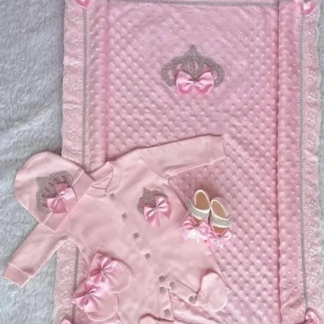 Customized Name Newborn Baby Boss Embroidery Lace Romper Outfit Infant Wrapped Baby Products Pants Mittens Receiving Blanket