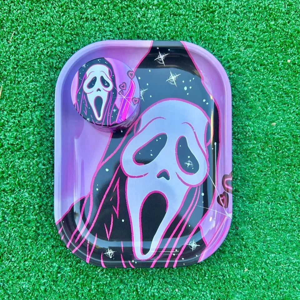 2 Pieces Spooky Ghost Halloween Rolling Tray Herb Grinder Kit Tobacco Smoke Accessories