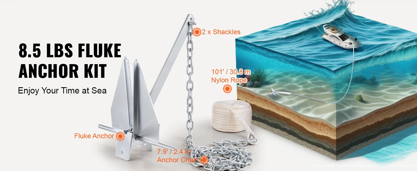 SucceBuy Fluke Style Anchor Kit, 13 LBS Hot-Dipped Galvanized Steel Fluke Anchor with 7.9' Chain 101' Rope and Two 0.4" Shackles