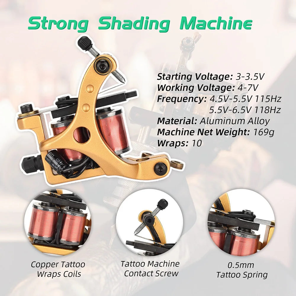 Professional Coil Tattoo Machine Gun 10 Wraps Cast Iron Tattoo Coil Machine for Tattoo Liner and Shader Traditional Tattoo Gun
