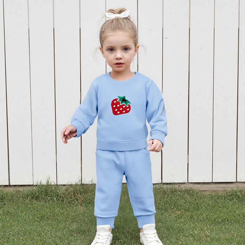 Cute Toddler Girl Autumn Ensemble Adorable Strawberry Embroidered Crew Neck Sweatshirt with Matching Long Pants 2-Piece Set - Firu Total Sales