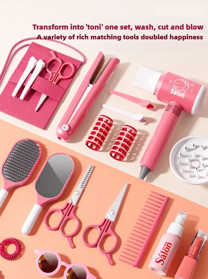 Girls Beauty Salon Set Kids Hair Beauty Makeup Set Simulation Hair Dryer Fashion Styling Tool Pretend Play House Gift Fun Game