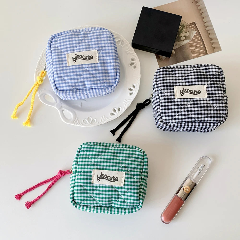 Ins Style Plaid Mini Coin Purse Portable Cosmetic Storage Bag Lady's Lipstick Bag and Card Holder Kawaii Tofu Pillow Bag