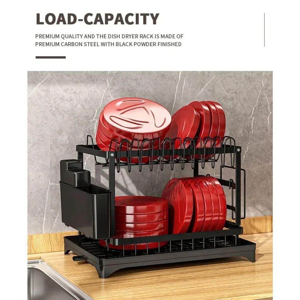 2-Tier Rotating Dish Drying Rack – 360° Swivel Drainboard with Utensil Holder, No-Drill Metal Kitchen Organizer