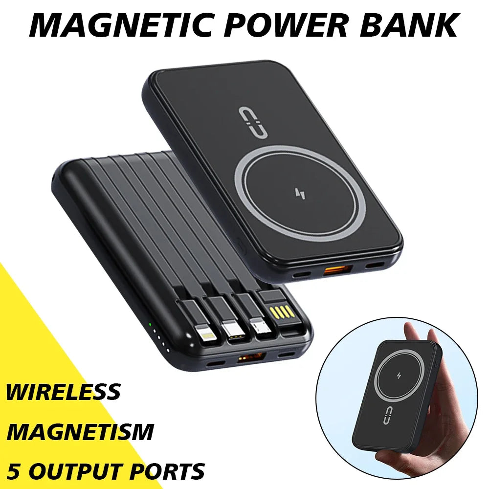 10000mAh Power Bank 15W Magnetic Fast Charging External Battery Wireless Charger with 4lines Cable for iPhone 15/14/13 xiaomi