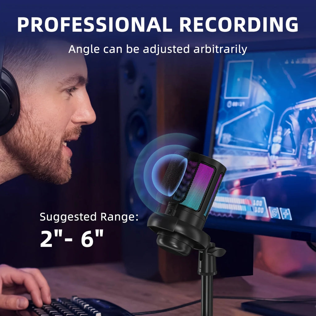 Microphone, USB PC Mic For Podcasts Videos, Streaming, Condenser Mic With Quick Mute, Tripod Stand, Pop Filter, RGB Indicator, S