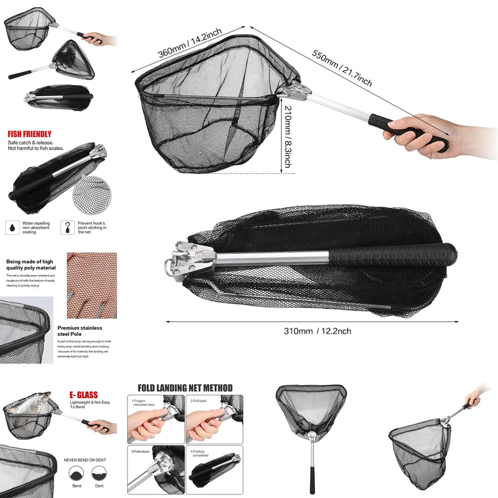 Collapsible Fishing Landing Net with Telescoping Pole Handle Extend to 190cm 100cm 80cm Fishing Net For Saltwater Freshwater