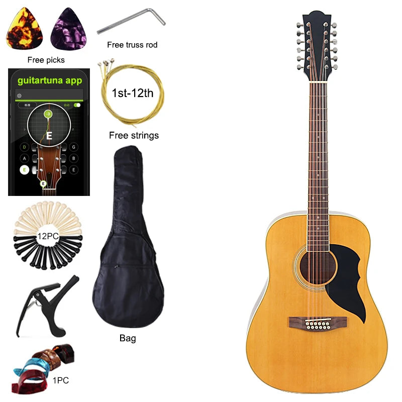 Guitarra Acústica de 12 Cuerdas 41" | Madera Spruce | Diseño Folk | Negro y Natural 🎸