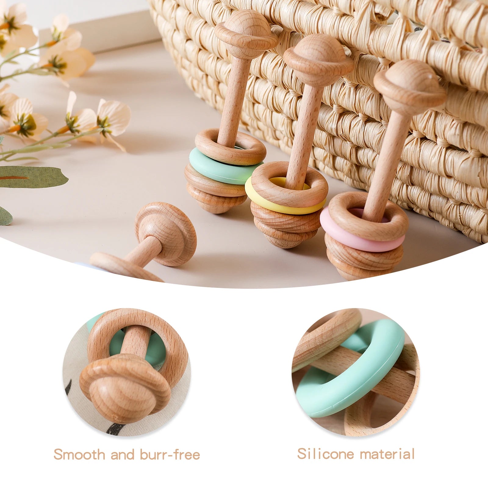 Wooden Rattle Silicone Ring — Sensory Baby Toy | 0-12 Months Gift