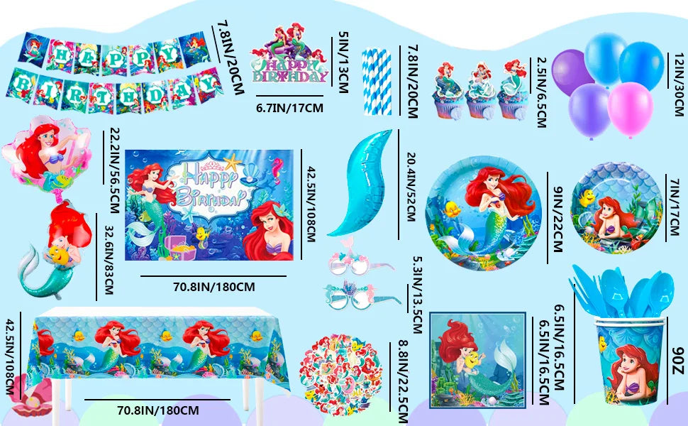 Little Mermaid Birthday Supplies,185pcs Little Mermaid Birthday Party Decorations&Tableware-Little Mermaid Stickers Banner Plate