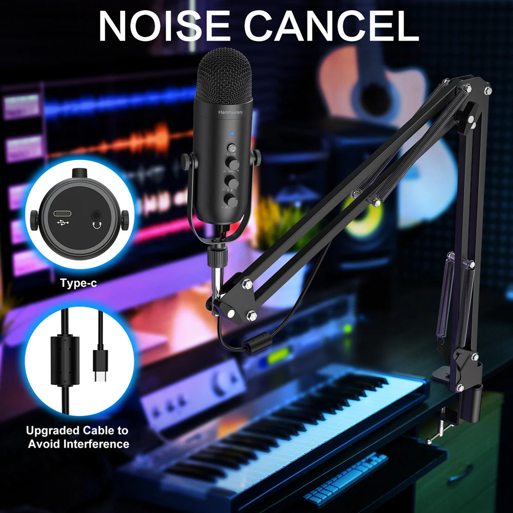 Micrófono USB Condensador Cardioide HAOMUREN | Kit con Brazo | Podcast, Streaming y YouTube - Firu Total Sales