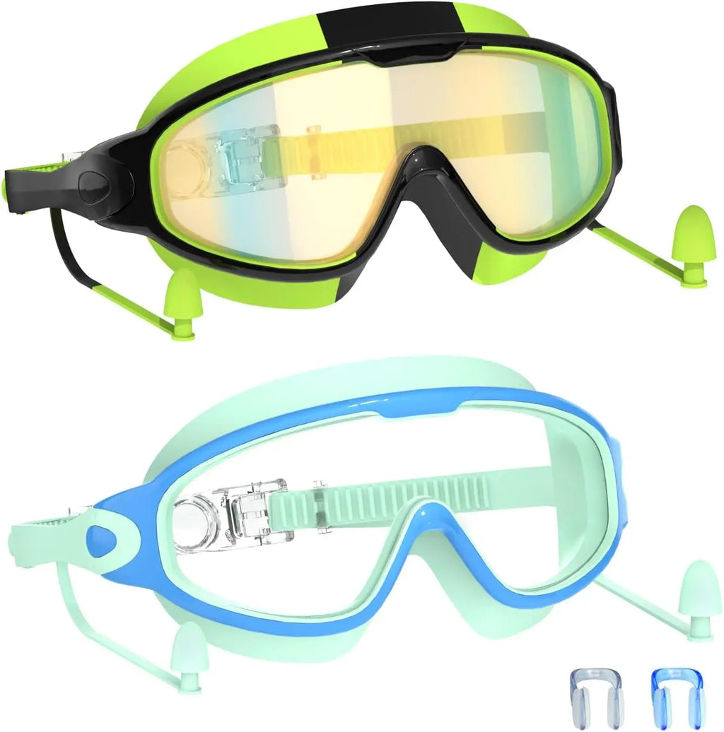 Kids Swim Goggles with Earplugs, Anti-Fog UV Protection for Boys Girls Ages 3-15, Large Frame 2PCS