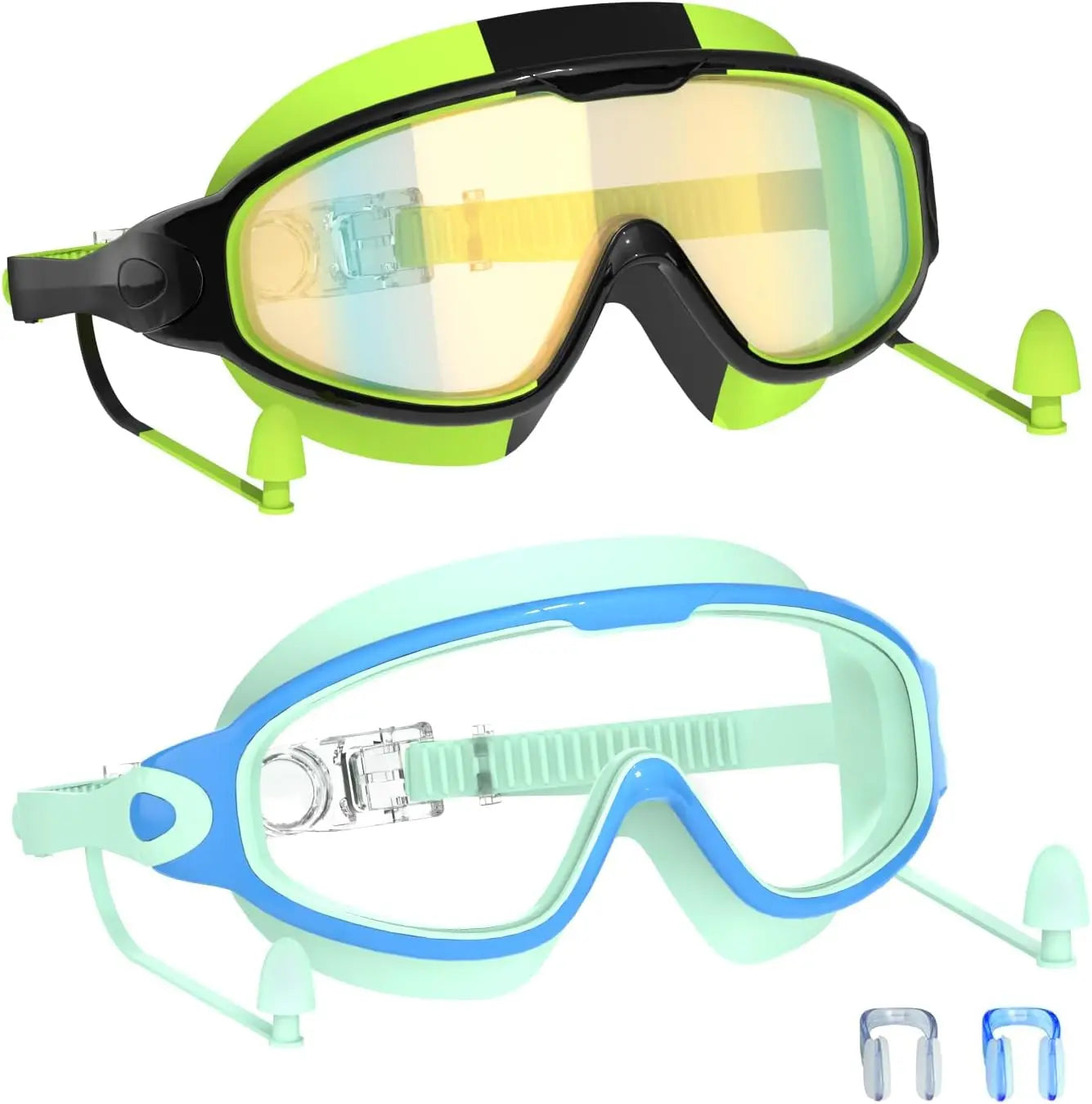 Kids Swim Goggles with Earplugs, Anti-Fog UV Protection for Boys Girls Ages 3-15, Large Frame 2PCS