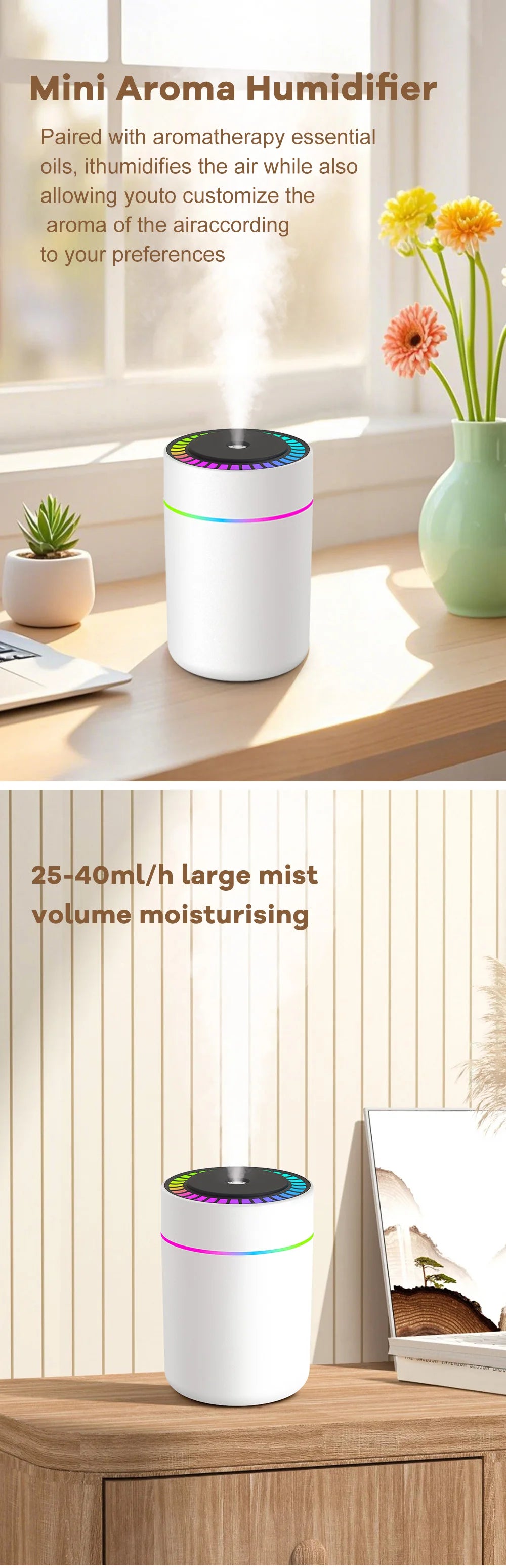 Difusor Aromaterapia 180ml | Humidificador LED 7 Colores | Auto y Hogar 🌿