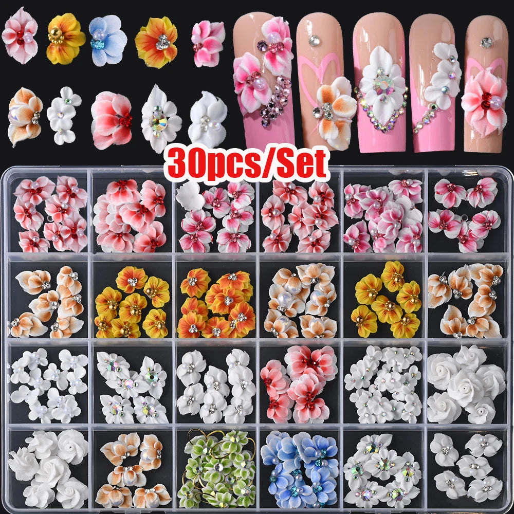 5/30Pcs 3D Handmade Nail Acrylic Flower Rhinestone Side Floret with Pearl Diamond Nail Art Decorations Carving Flower Nail Charm