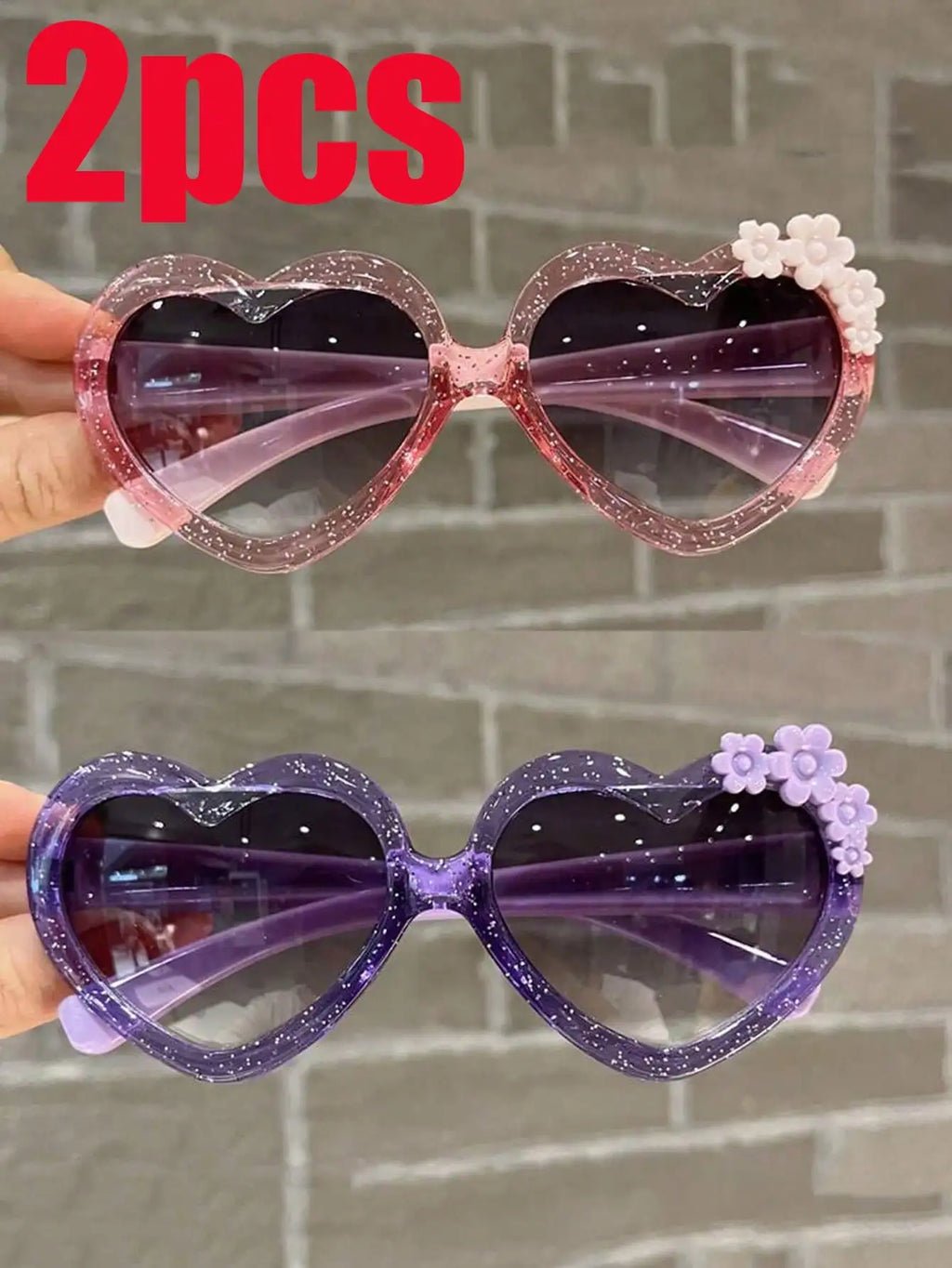 Heart-Shaped Glitter Sunglasses with Floral Embellishment for Girls