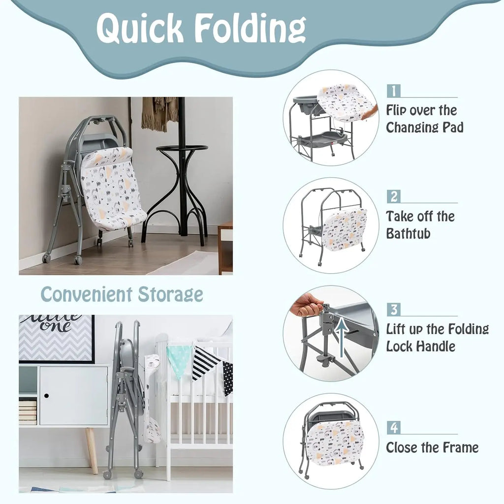 Baby Bathtub with Changing Table, Foldable Infant Diaper Changing Station with Storage Tray, Waterproof Pad, Portable