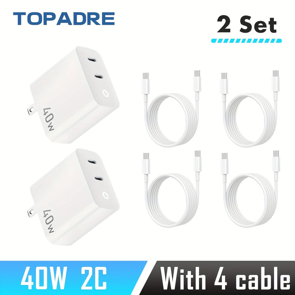 TOPADRE Cargador GaN 40W | 2 Puertos USB-C | Carga Rápida PD | Luz Indicadora | Cable 1m Incluido | iPhone y Android