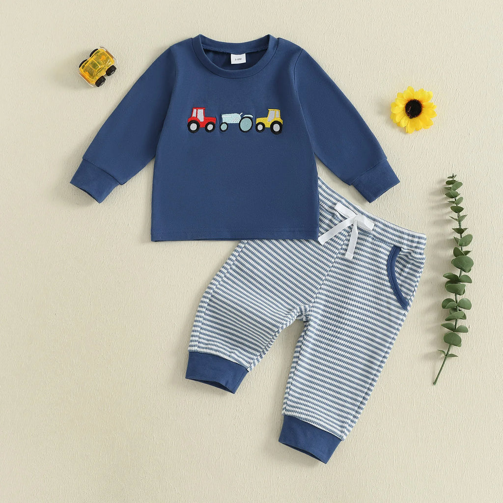 Boys Autumn Clothing Set with Car Embroidered Sweatshirt and Striped Pants - 2 Piece Outfit for Toddlers - Firu Total Sales