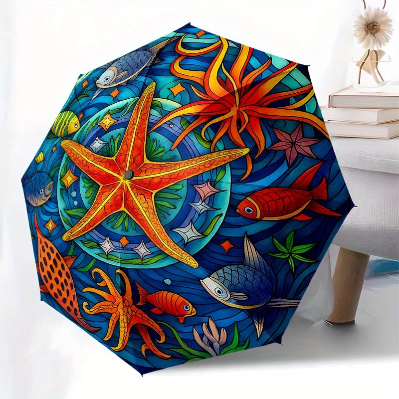 Underwater Paradise Umbrella - Automatic Open/Close, Compact 3-Fold Travel Umbrella with Marine Life Design (Starfish, Tropica