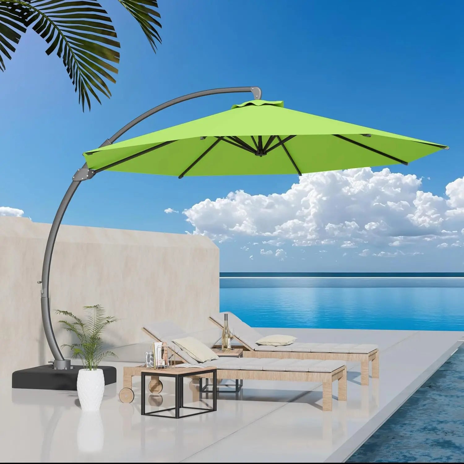 11ft round Aluminum Patio Umbrella with Base - Offset Cantilever Design 360° Rotating Customizable Large Outdoor Shade Umbrella