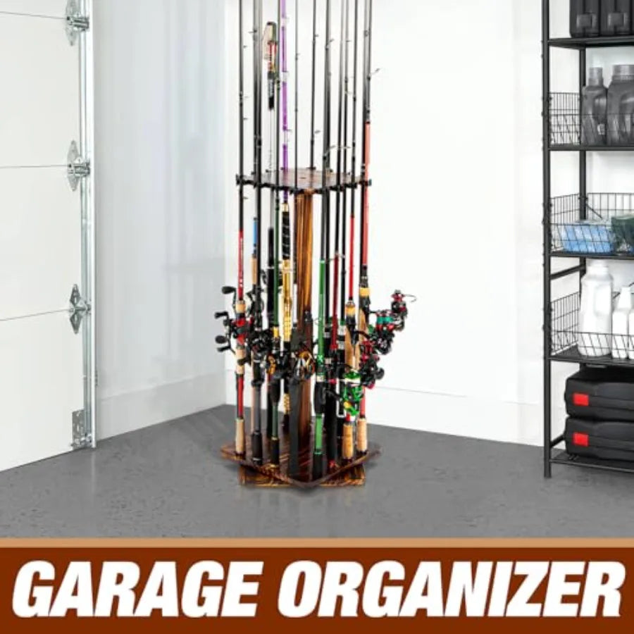 Fishing Rod Holders for Garage 360 Degree Rotating Fishing Pole Rack Floor Stand Holds up to 16 Rods Wood Fishing Gear Equipmen