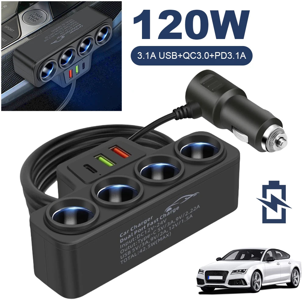 Phone Power Adapter QC3.0+PD 3.1A 120W Car Cigarette Lighter Socket Splitter Plug 4-Socket 3 USB Ports USB Phone Charger Adapter