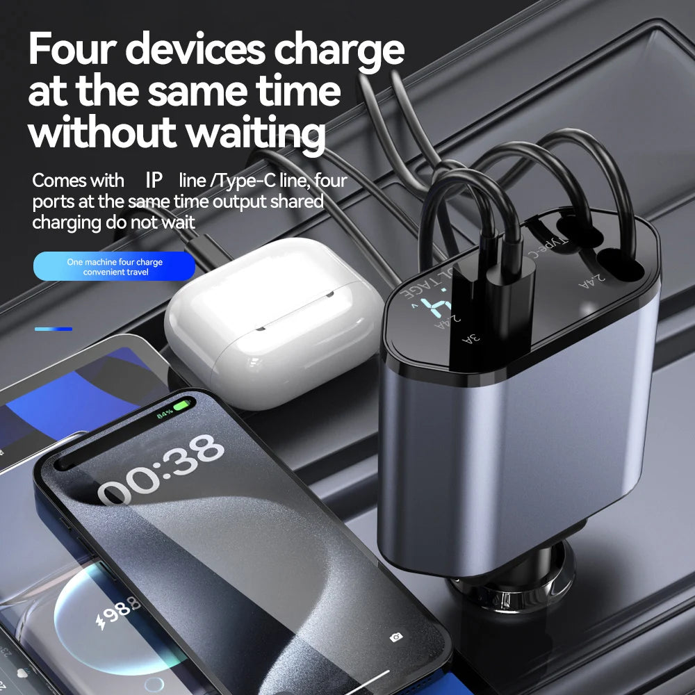 Cargador de Auto 4 en 1 120W Retráctil | USB Tipo C | iPhone Xiaomi Samsung 🔌