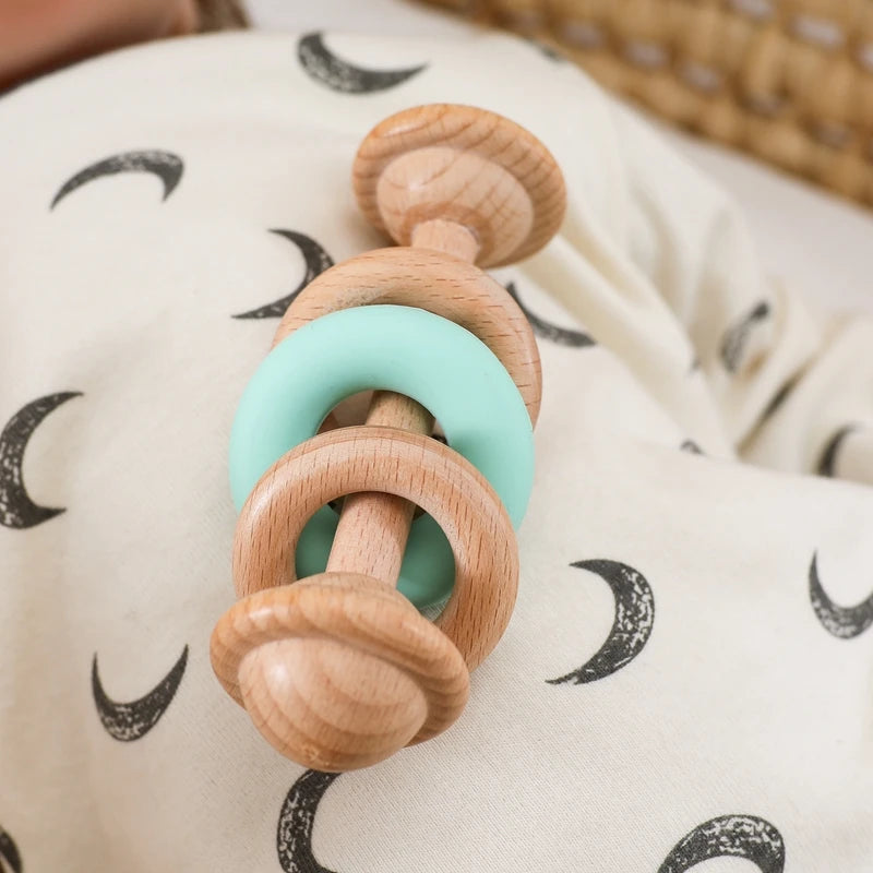Wooden Rattle Silicone Ring — Sensory Baby Toy | 0-12 Months Gift