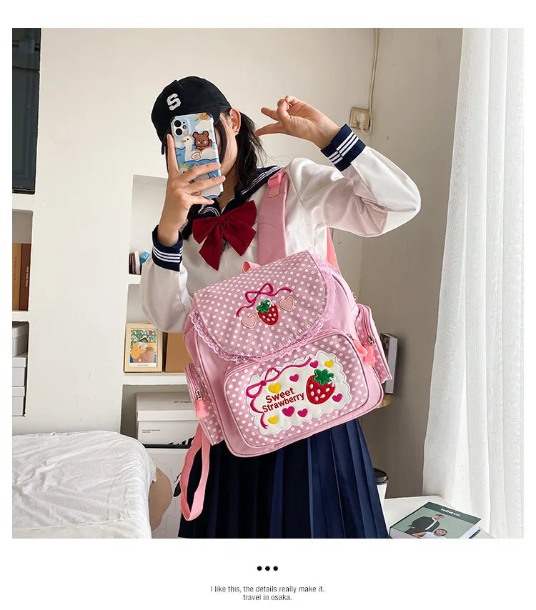 Pink Girl Embroidery Strawberry Children's Schoolbag Student Birthday Gift 2026 New Japanese Cartoon Pink Backpack Book Bags