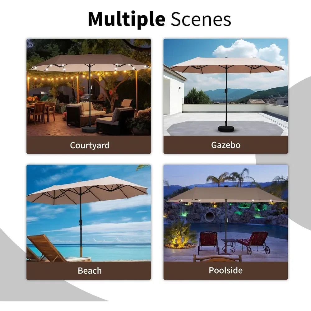 13ft Rectangular Patio Umbrella with 36 Solar LED Lights, Ultimate Sun Protection, Easy To Shake, for Deck, Garden, Khaki