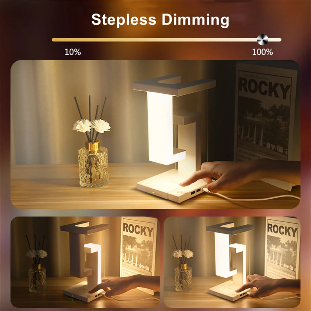 Floating Desk Lamp with Wireless Charger | USB Output | iPhone Charging Dock | Bedside Table Lamp