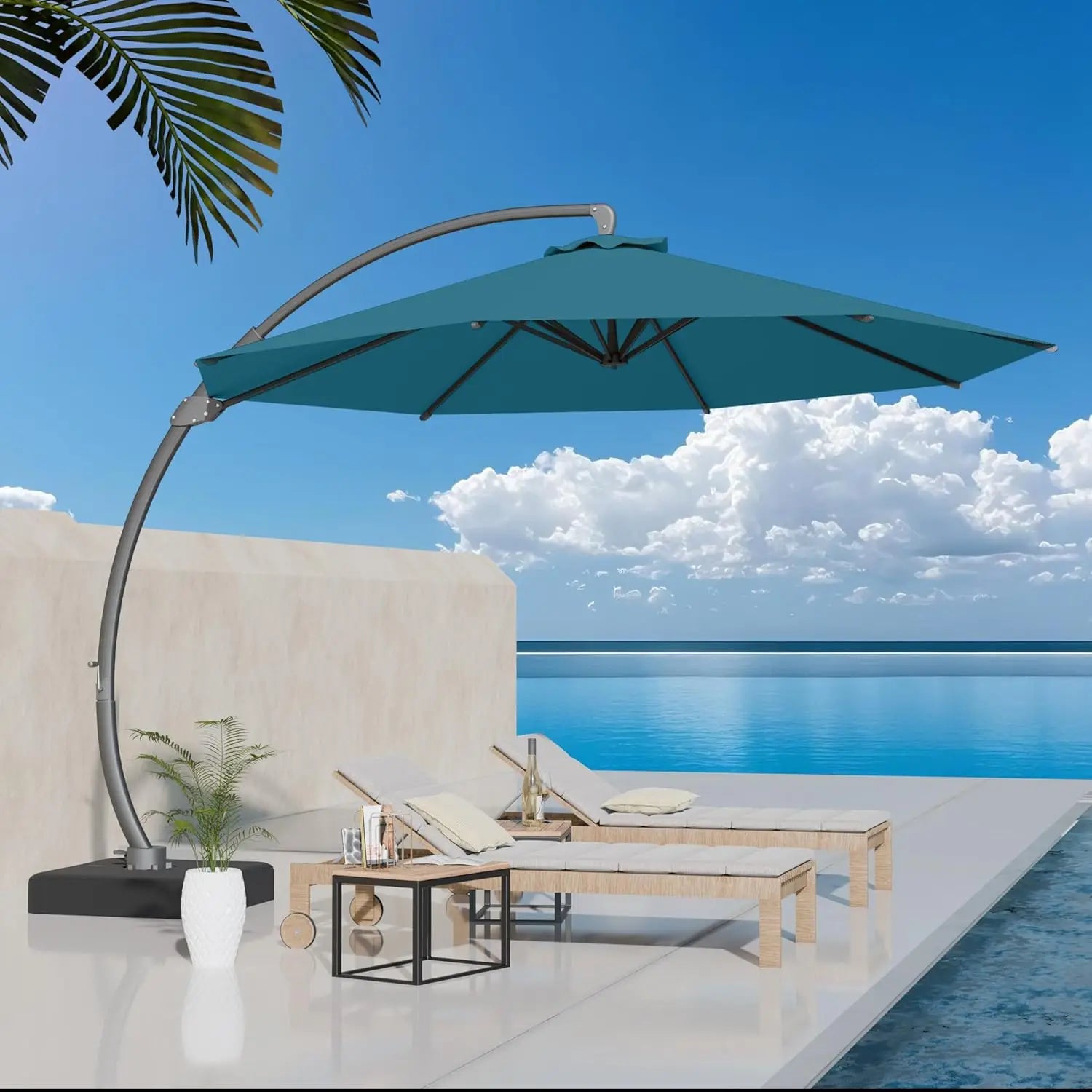 11ft round Aluminum Patio Umbrella with Base - Offset Cantilever Design 360° Rotating Customizable Large Outdoor Shade Umbrella