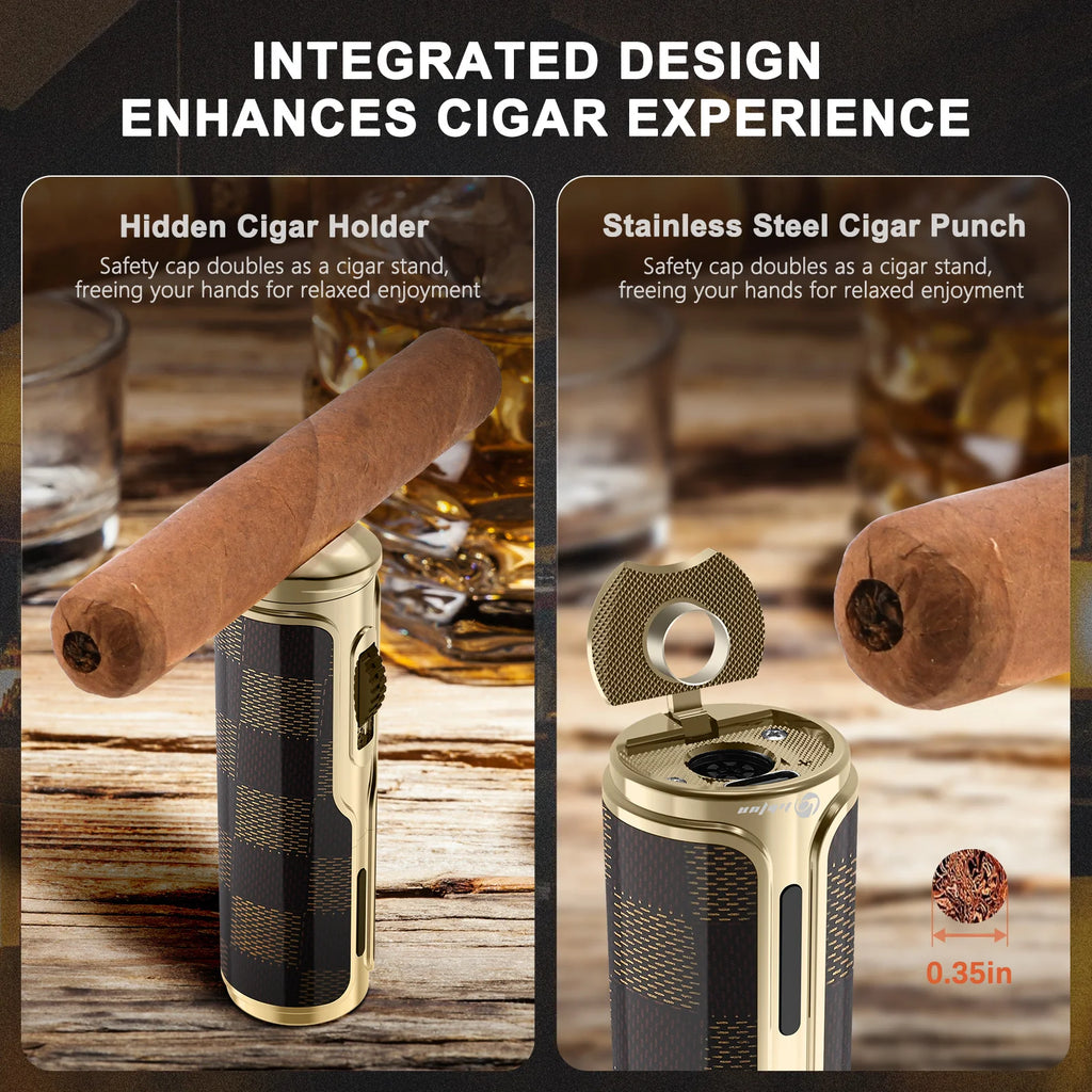 Cigar Lighter with Cigar Punch Holder,Windproof Electric Torch Lighter,Refillable Butane Lighters for Smoking with Gift Box