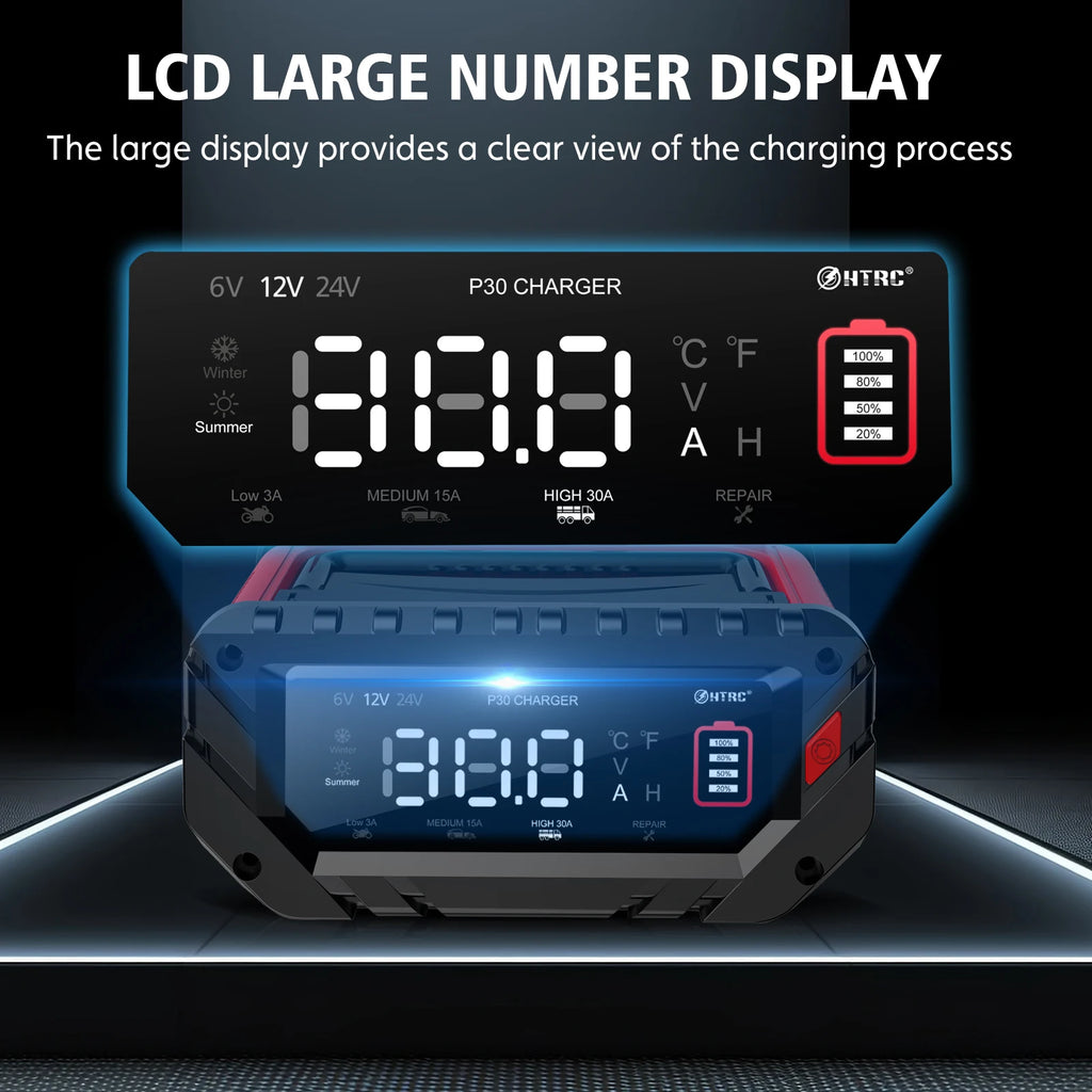 12V 30A/26A/20A Smart Car Battery Charger LCD 6V-12V-24V for Motorcycle Trickle Lithium LiFePO4 Lead-acid AGM Battery Repair