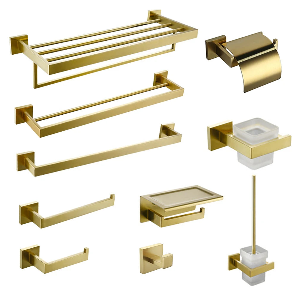 Brushed GoldBathroom Hardware Set Kit Accessories Wall Shelf Towel Bar Rack Rail Robe Hanger Toilet Brush Roll Paper Holder Dish