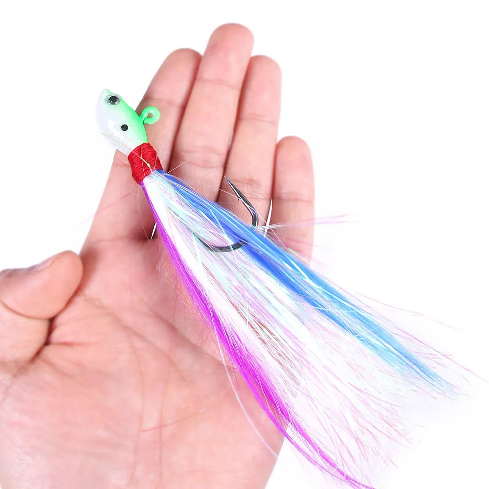 6PCS Bucktail Jigs Head Hook 3D Eyes Bait 7g 10g 21g 42g Deer Hair Feather Hook Beard Jigging Lure Fishing