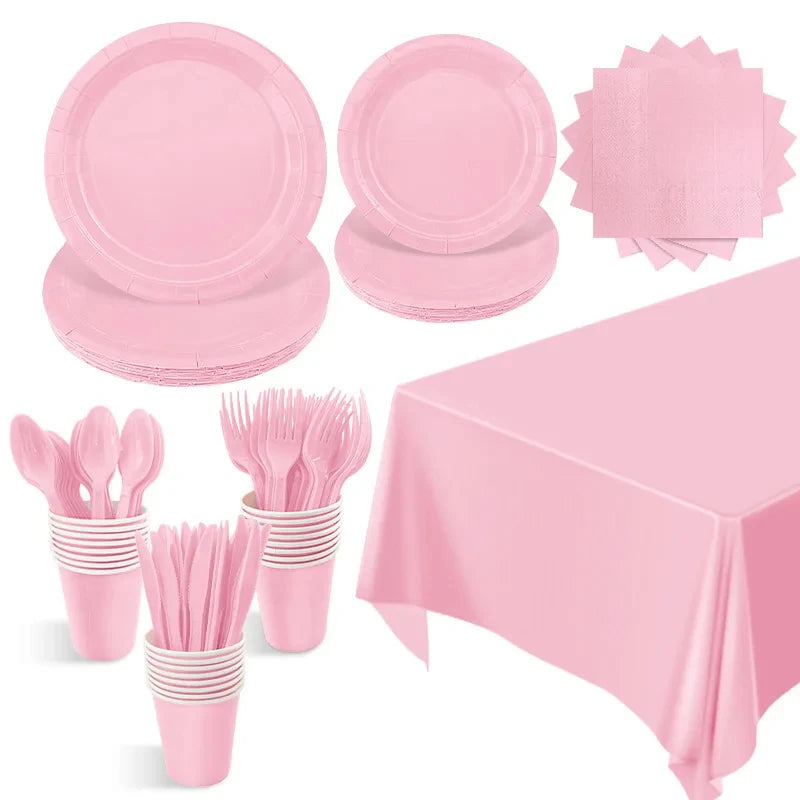 Solid Color Pink Disposable Kids Party Tableware Supplies Napkin Cup Plate Knife Fork Spoon Kids Birthday Party Supplies