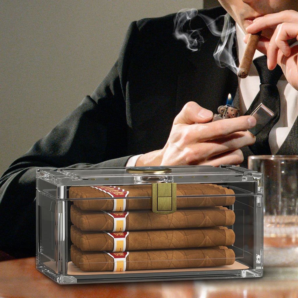 Acrylic Cigar Humidor With Hygrometer Humidifier Cedar Wood Tray Portable Humidor Box Cigar Case Fit 18-50 Smoking Accessories