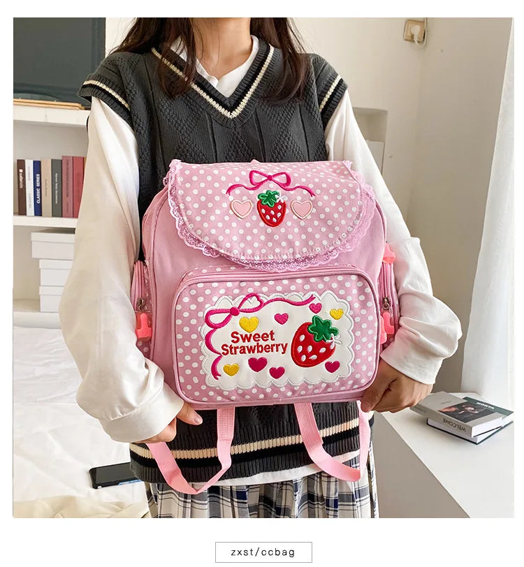 Pink Girl Embroidery Strawberry Children's Schoolbag Student Birthday Gift 2026 New Japanese Cartoon Pink Backpack Book Bags