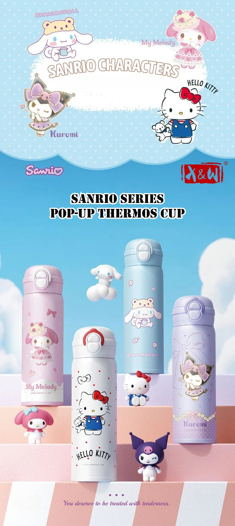 X&W 500ML for Sanrio My Melody Thermos Cups Cartoon Stainless Steel Vacuum Flask Student Cute Insulated Water Bottles Kids Cup