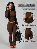 Women's solid color long-sleeve round-neck T-shirt and flare pants casual two-piece set, sportswear set, fitness set