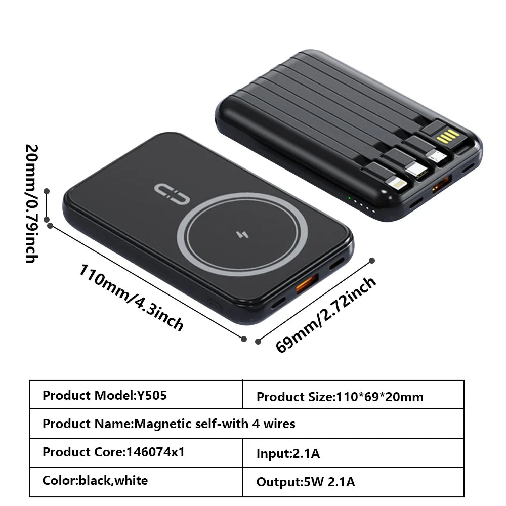 10000mAh Power Bank 15W Magnetic Fast Charging External Battery Wireless Charger with 4lines Cable for iPhone 15/14/13 xiaomi