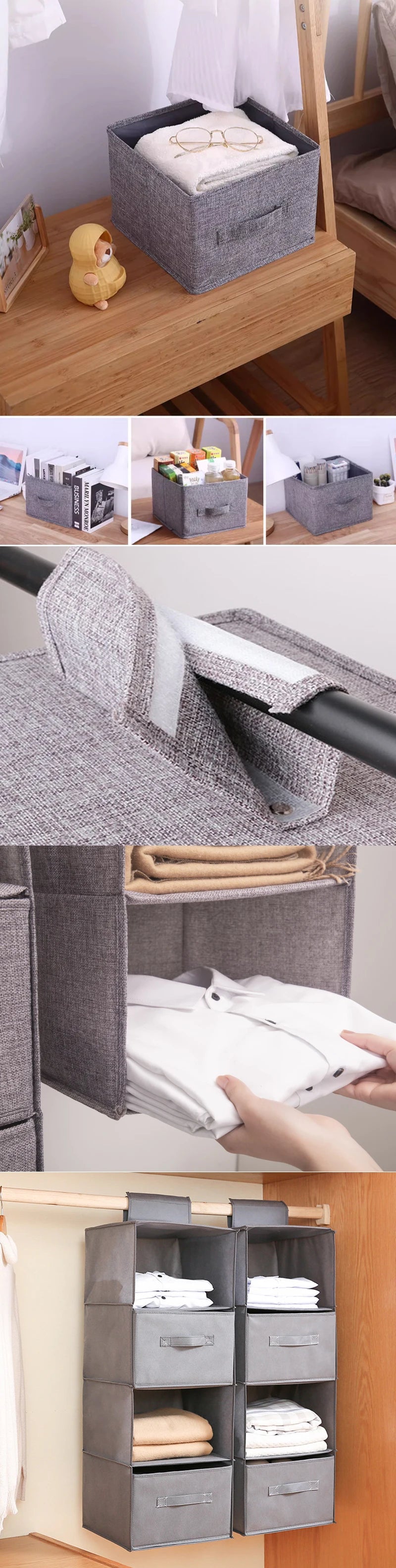 Cotton Linen Hanging Storage Bag Drawer Style Wardrobe Organizer Box Clothes Organizer Holder Collapsible Hanging Storage Shelve