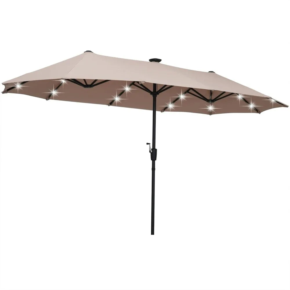 13ft Rectangular Patio Umbrella with 36 Solar LED Lights, Ultimate Sun Protection, Easy To Shake, for Deck, Garden, Khaki