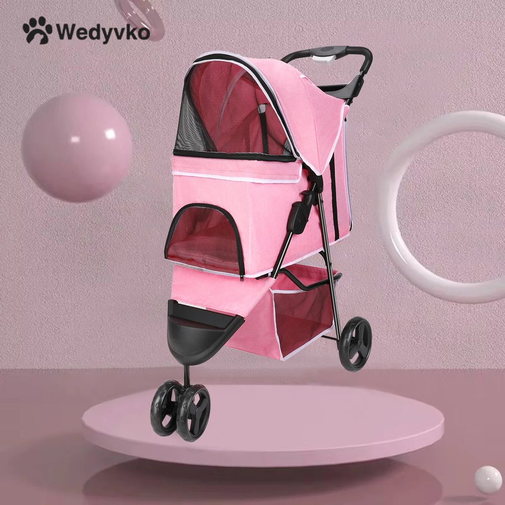 carreola para mascotas perro 3 Wheel Foldable Cat Dog Stroller with Storage Basket, Handle 360° Pet Dog Stroller - Firu Total Sales