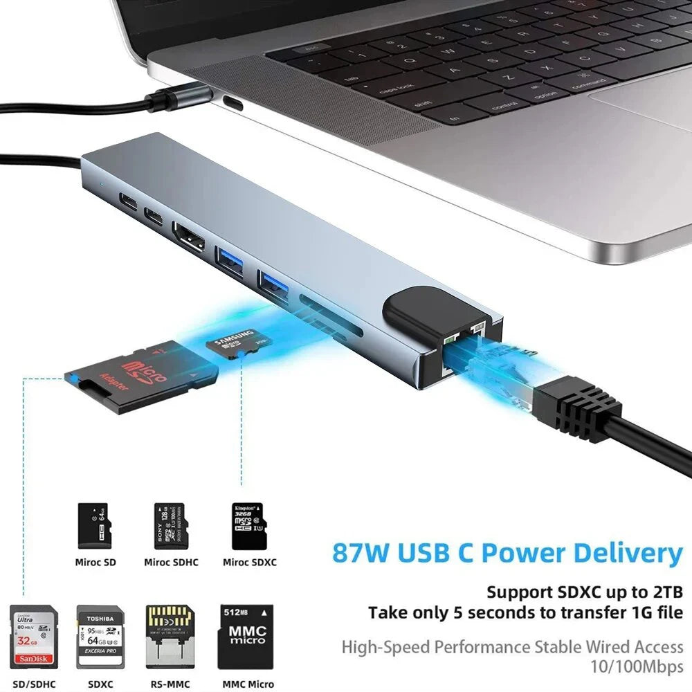 Hub USB-C 8 en 1 FEIWIMI | HDMI 4K 30Hz | RJ45 100Mbps | VGA | PD 100W | Docking Station - Firu Total Sales